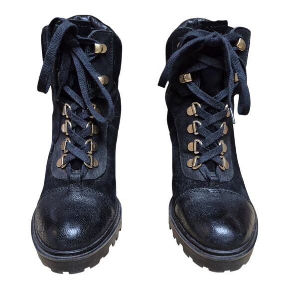 Guess Black Suede Pebble Leather Lace Up Lug Sole MOTO Heeled Boots Women's 10 - Picture 2 of 4
